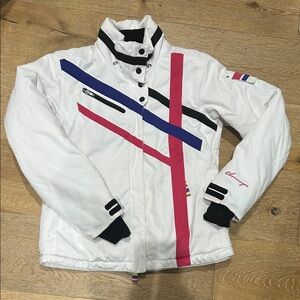 Obermeyer Women's Ski Jacket in White with Pink and Blue Accents